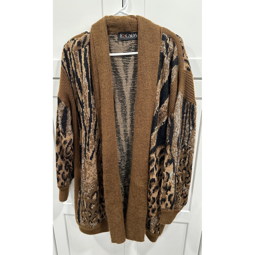 Escada Animal Print Mohair Blend Cardigan Duster Sweater Coat Sz 38